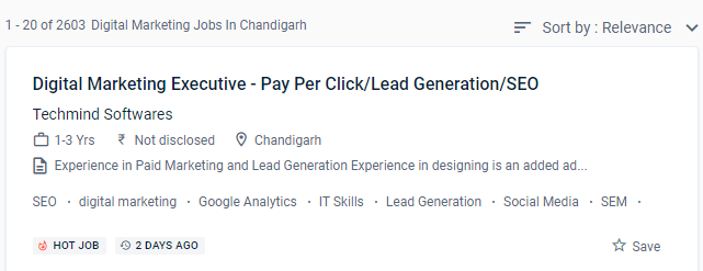 This image shows the total digital marketing jobs vacancies in chandigarh.