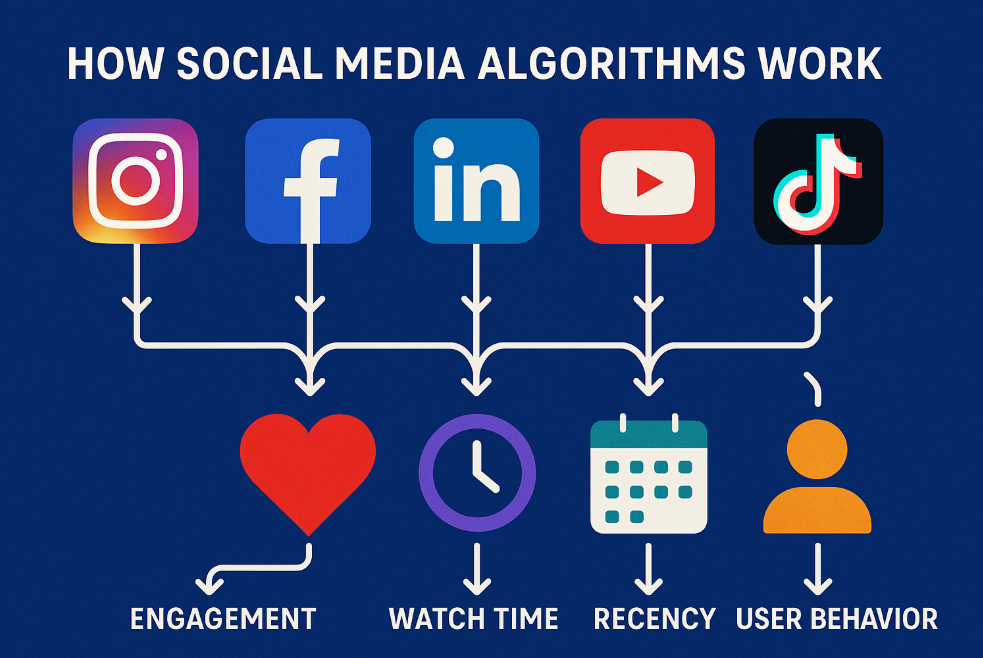 how social media algorithms work Flowchart showing how social apps pick posts using likes, watch time, and user activity.